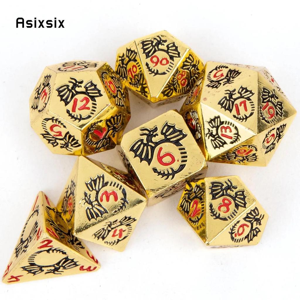 Set de zaruri poliedrice din metal solid, 7 bucăți, potrivit pentru jocuri de rol RPG, joc de masă, joc de cărți