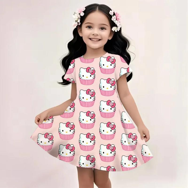 2026 Girl Short-Sleeved Dress Cute Kuromi Hello Kitty print Skirt Summer New Clothes Original Brand Clothing Children's sleep