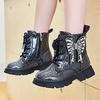 Girls Ankle Boots Black Glitter PU Waterproof Butterfly Pearls Chic Kids Fashion Princess Boots Children Tie Bow Platform Boots