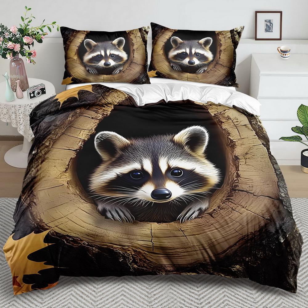 Little Raccoon Themed Down Comforter Cover Set - 2/3pcs, Soft Comfortable Breathable, Fantasy Animal Pattern Printed Bedding Set