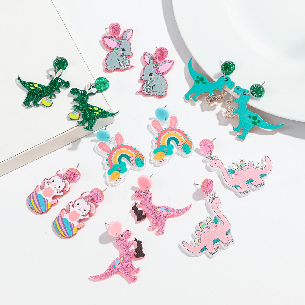 Cute Dinosaur Rabbit Acrylic Earrings Women Statement Glitter Rainbow Easter Egg Mouse Animal Drop Earring Fashion Jewelry Gifts