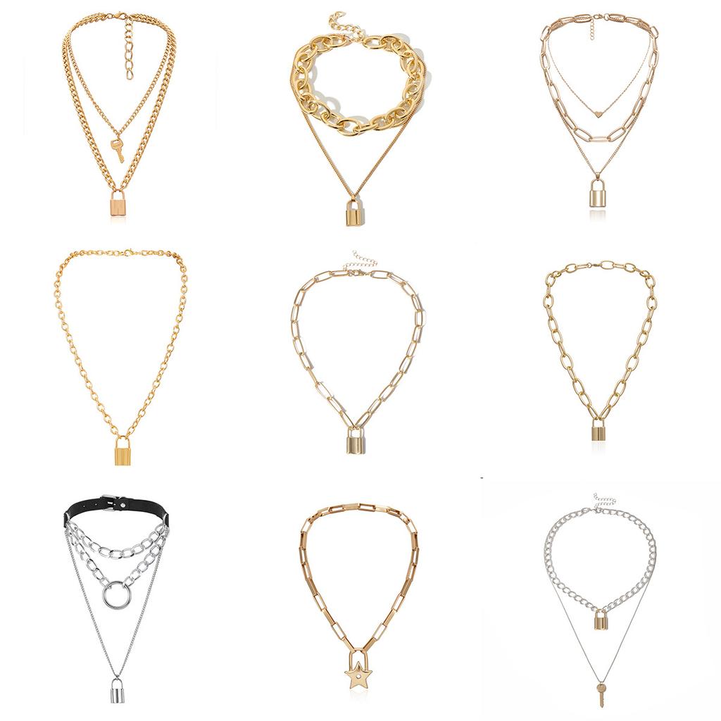 Double Alloy Chain Double Necklace, Simple Concentric Lock Key Element Pendant Necklace Female