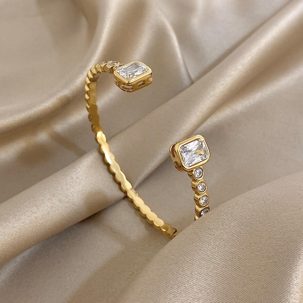 New Stainless Steel Waterproof Cuff Bracelet Bangle for Women Exquisite Shiny Inlaid Zircon Geometric Stacked Jewelry Gifts