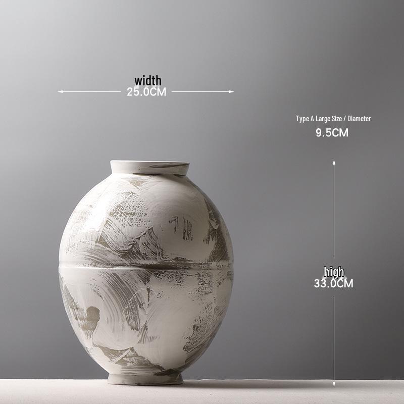 Large Modern Minimalist Chinese Zen White Glazed Art Pottery Vase with Hand-Painted Sweep Stroke Pattern