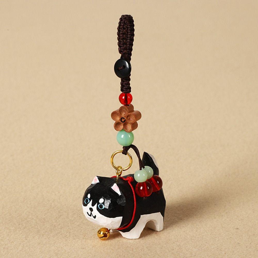 Beads Wooden Carved Dog Keychain Flower Car Keyring Creative Wood Shiba Inu Dolls Pendant  Girl/Boy