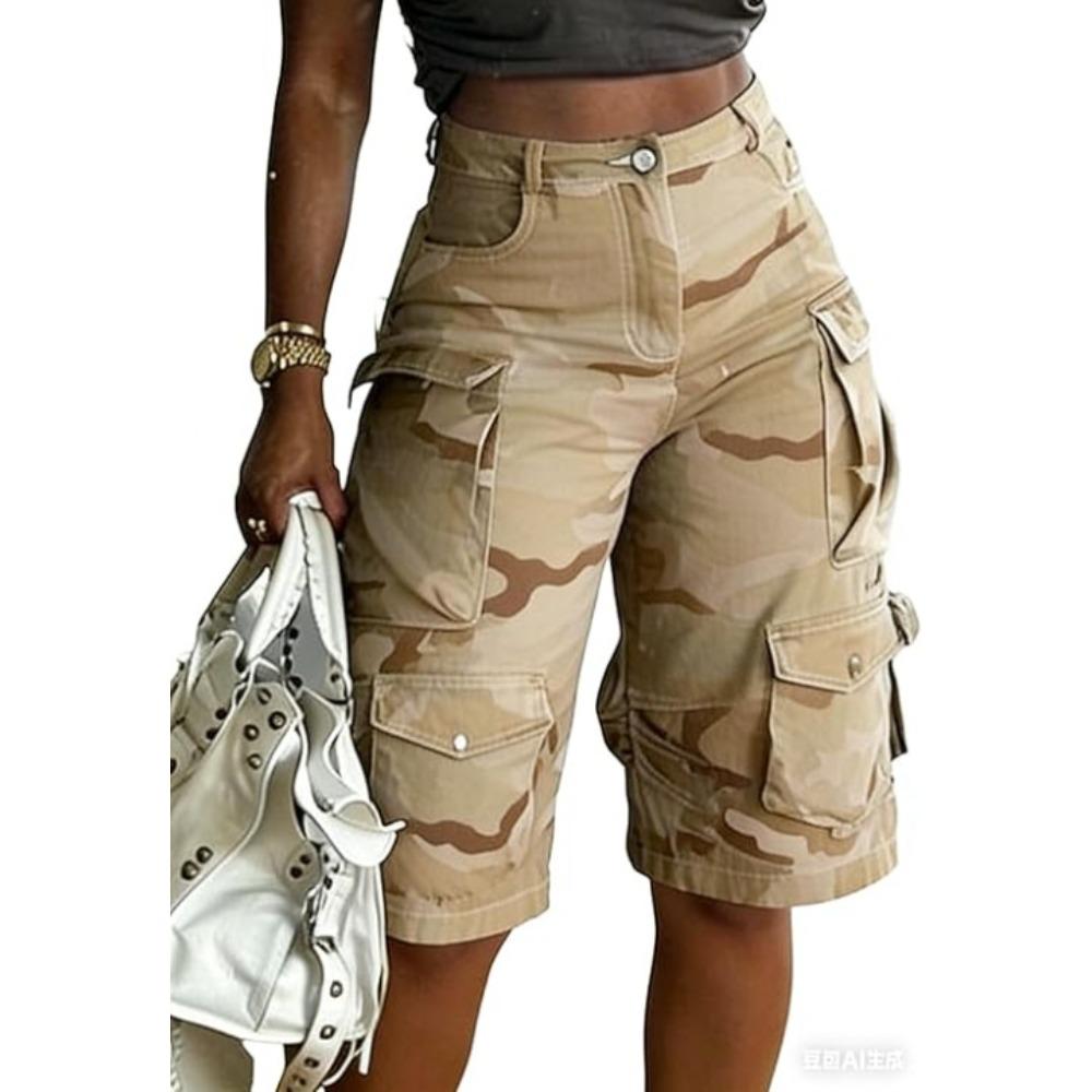 Women's Mid Rise Camo Cargo Bermuda Shorts Streetwear Slight Stretch Multi Pocket Loose Knee Length Denim Shorts