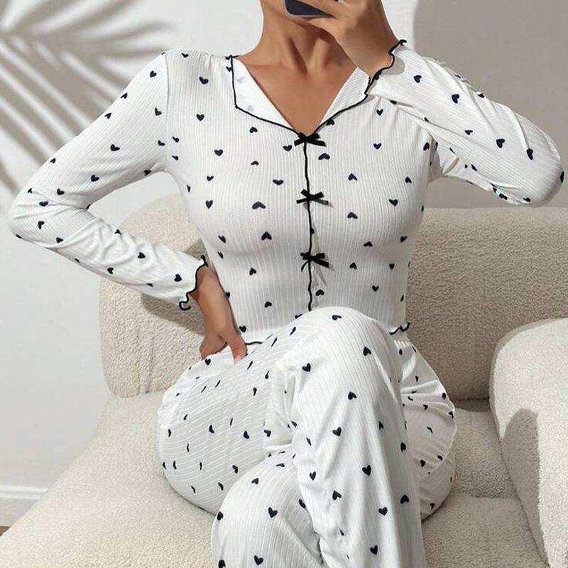 

Lapel Long Sleeves Pajamas Women s Sexy Small Floral Print Outer Wear Trousers Wavy Edge Bows Fashion Slim Looking Homewear Black XL