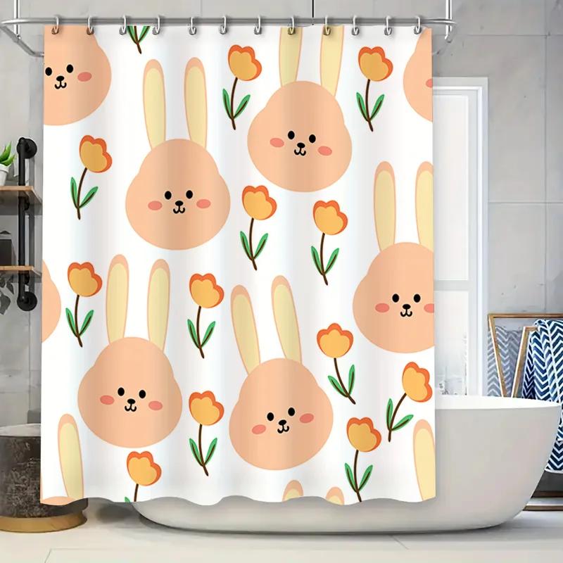 

Rabbit Floral Shower Curtain Waterproof Fabric Bathroom Decor Peach Pink Yellow Flowers Rabbit Design for Kids Bath Rug W90xH180cm