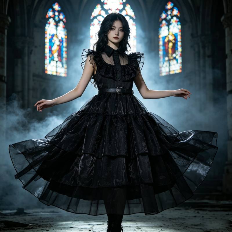 Costume Cosplay Enfant Mercredi Addams avec Robe en Mousseline pour les Fêtes d'Halloween