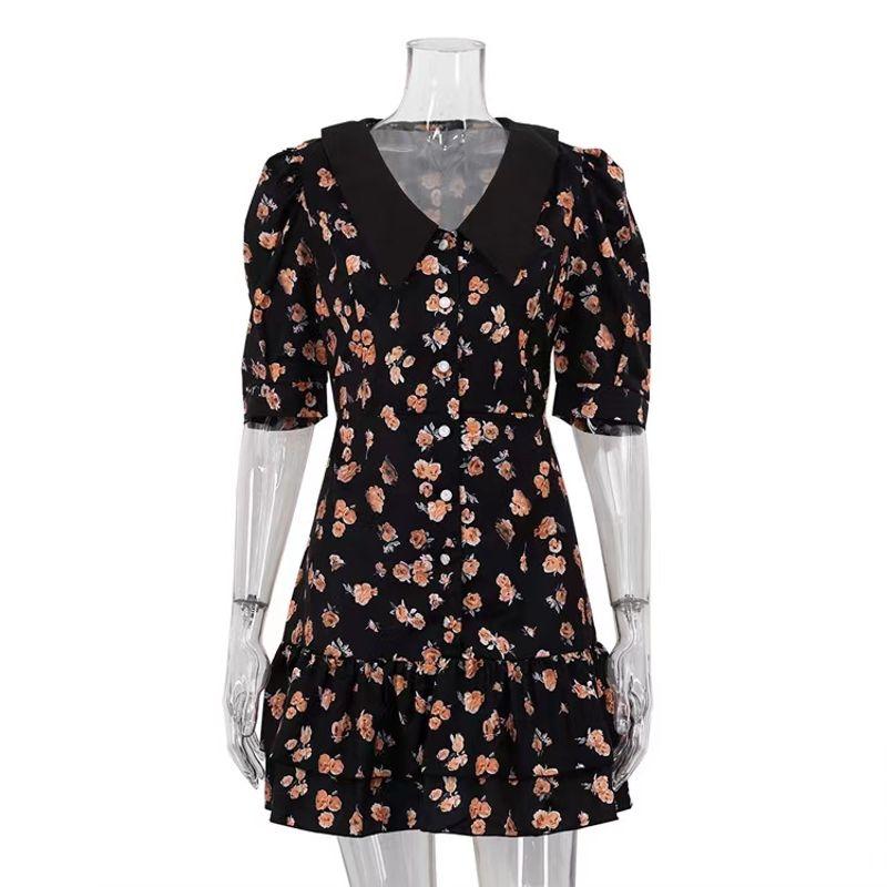 

Fashion Style Short Sleeve Lapel and Waist Tight Floral Dress Short Sleeve Sleeveless Lapel Floral Dress Black L