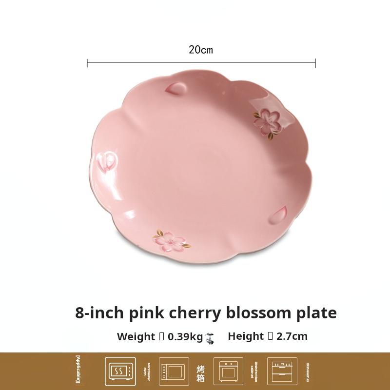 Japanese white embossment plate, steak plate, home dining plate, fruit and pastry plate, cherry blossom ceramic round plate