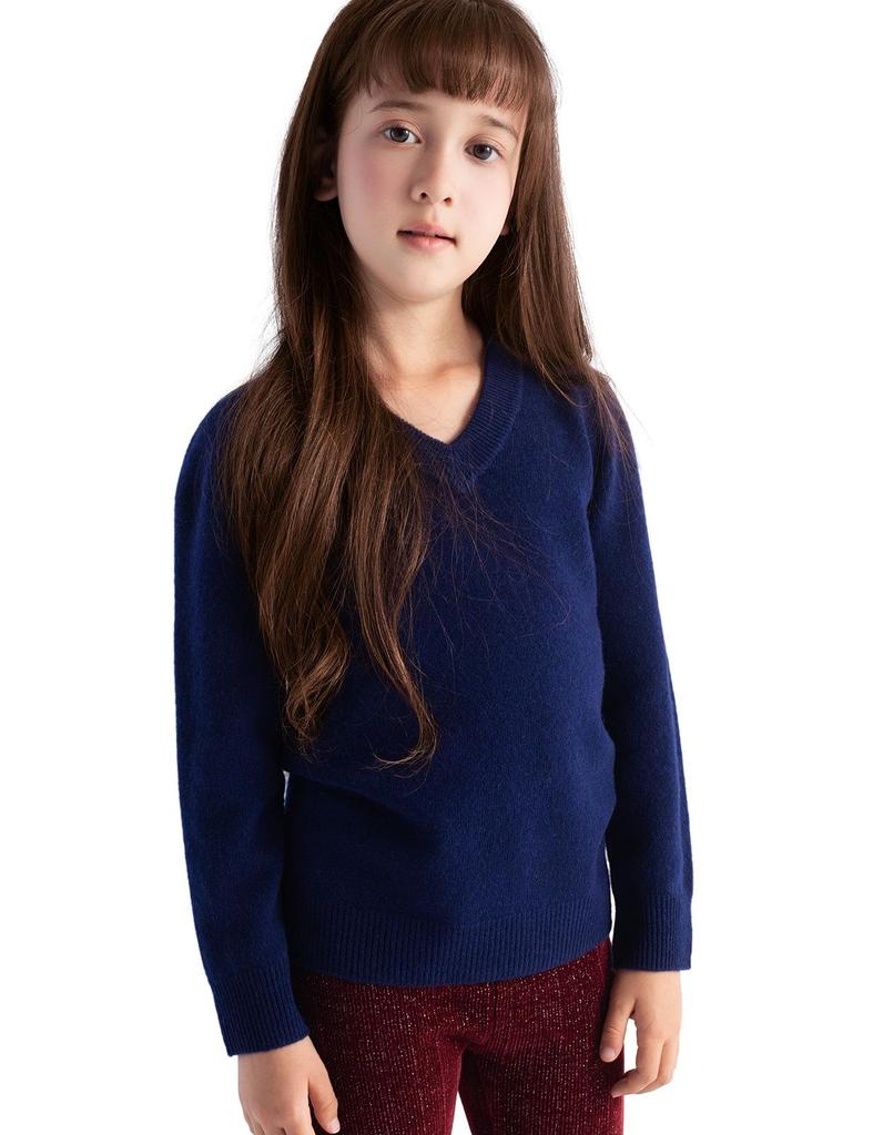 Girls' V-neck Wool Base Layer Sweater - Soft, Warm, Skin-friendly, Solid Color One-Piece Top