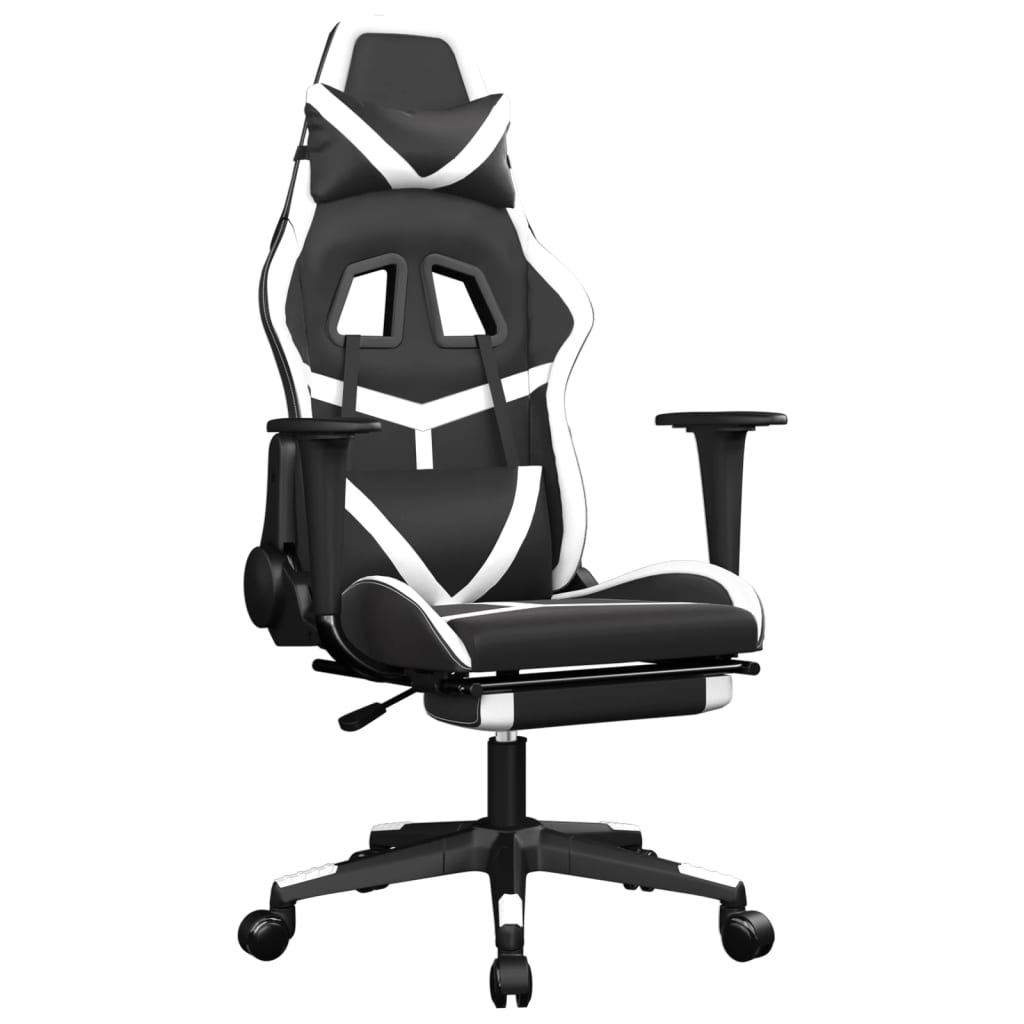 Gaming Chair with Massage & Footrest Black & White Faux Leather