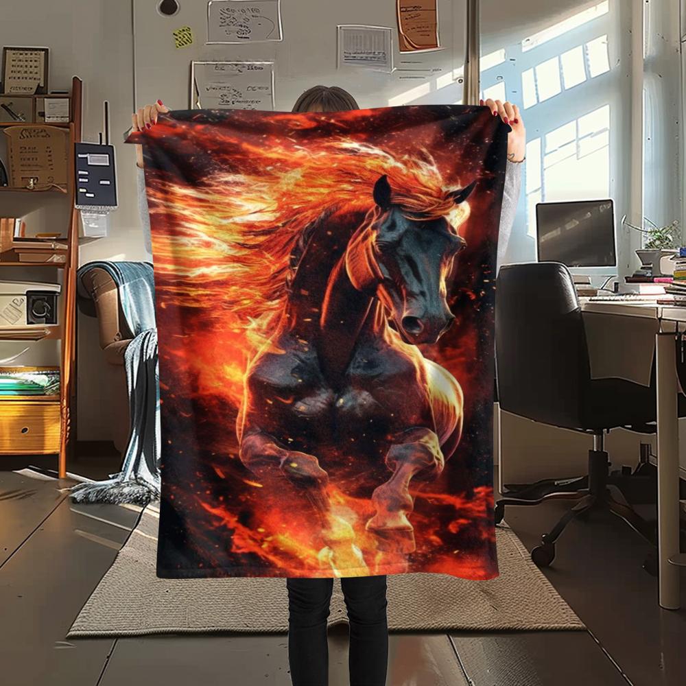1Pc Black Horse Print Flannel Blanket, High Quality Comfortable for All Seasons, Home Decor, Warmth and Comfort, Perfect for Gifts