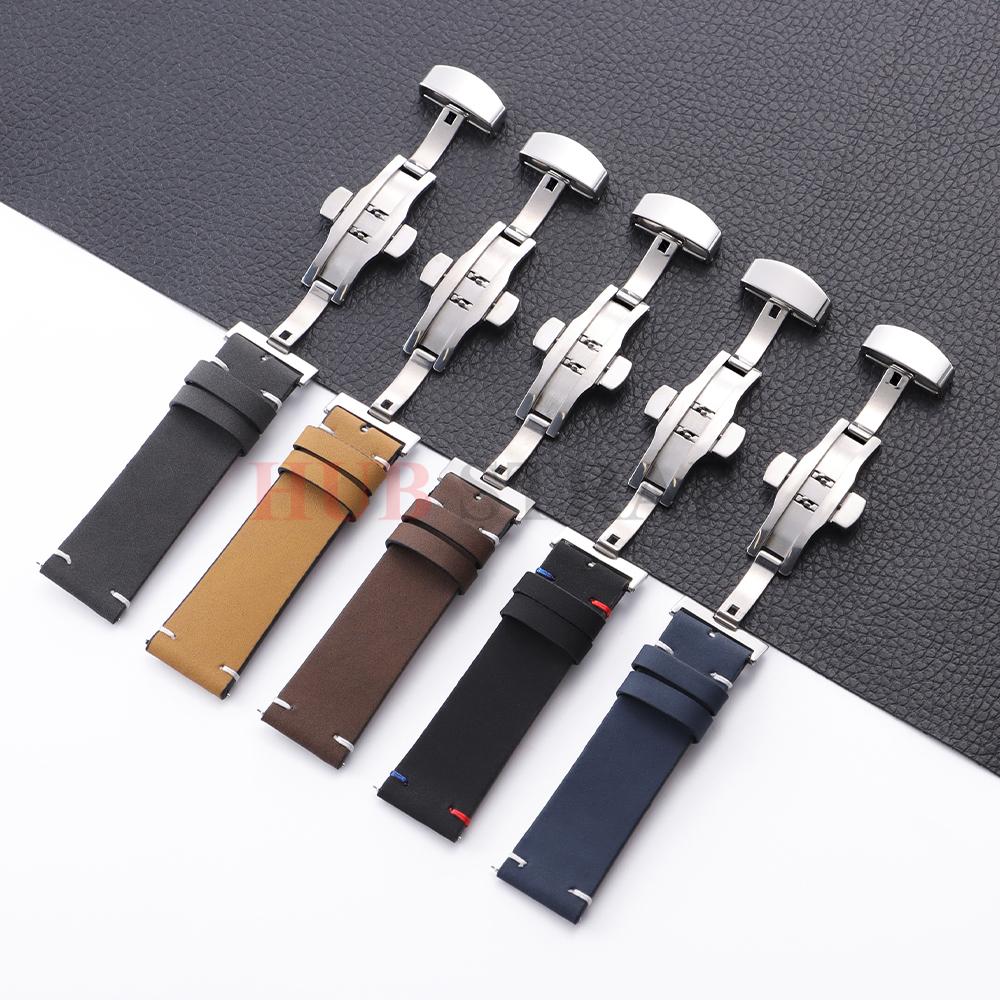 18mm 20mm 22mm Stitching Cowhide PU Strap for Seiko for Omega Vintage Calfskin Watchband Butterfly Buckle for Men Wrist Bracelet