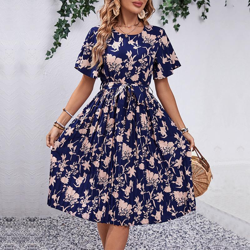 Summer casual chic elegant floral print cinched waist dress