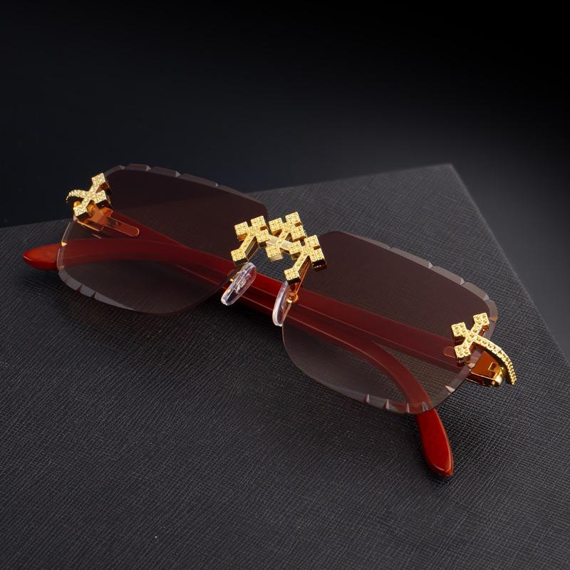 Rimless Cut Edge Gradient Pink Sunglasses Women Diamond Inlaid Metal Geometric Decor UV400 Gradient Lens Fashion Party Shades