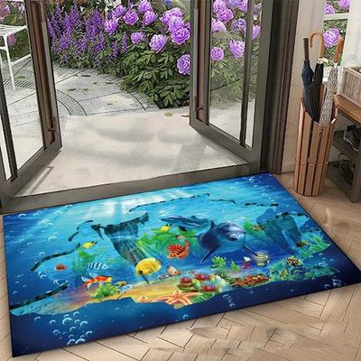 Lebendige Unterwasserwelt Fußmatte mit Delfinen und bunten Fischen Rutschfeste Bodenteppich für Eingang Haus Dekorative Matte
