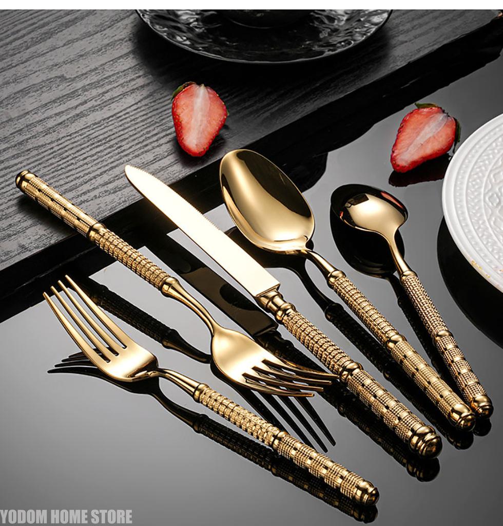 Light Luxury Stainless Steel Tableware Embossed Floral Pattern Knife Fork Spoon Set Durable Silverware for Home Restaurant