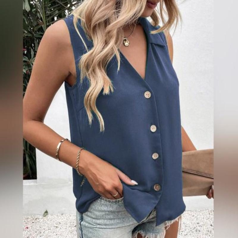 Women Casual Summer Vest Tshirt Solid Color Tank Top Oversize Vneck Sleeveless Button Singlebreasted Mid Length Soft Breathable Female Clothes