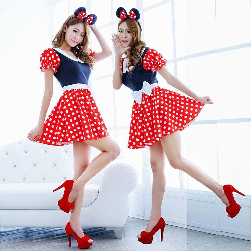 Elegante Costume Sexy da Donna Adulta con Personaggio Minnie Mouse a Pois per Halloween