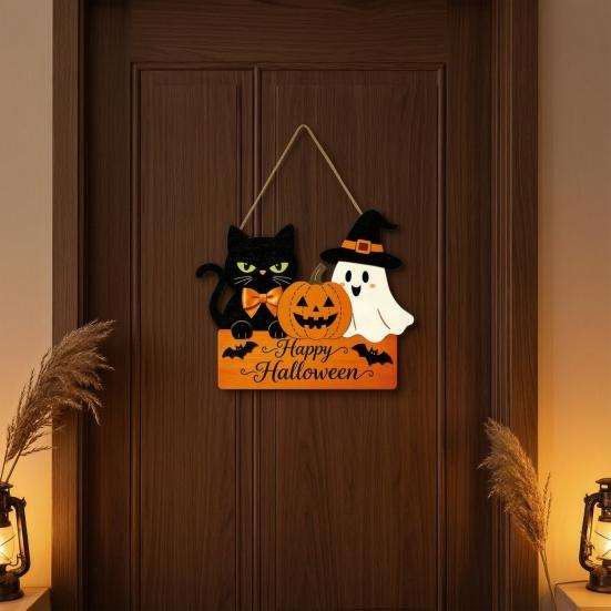 Halloween Wooden Door Sign with Hemp Rope Lanyard, Pumpkin Ghost Printed Hanging Solid Wood Festive Plaque, Front Wall Art for Porch Party Decorative