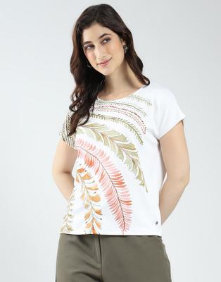 Women's Printed Round Neck Top Off White S