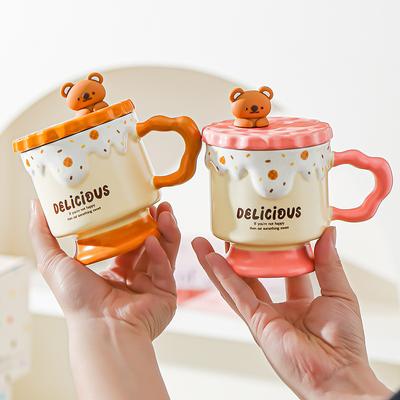 Cartoon Niedlicher Bär Kekse Keramiktasse mit Deckel Hochwertige Büro-Wassertasse Souvenir-Geschenk Tasse