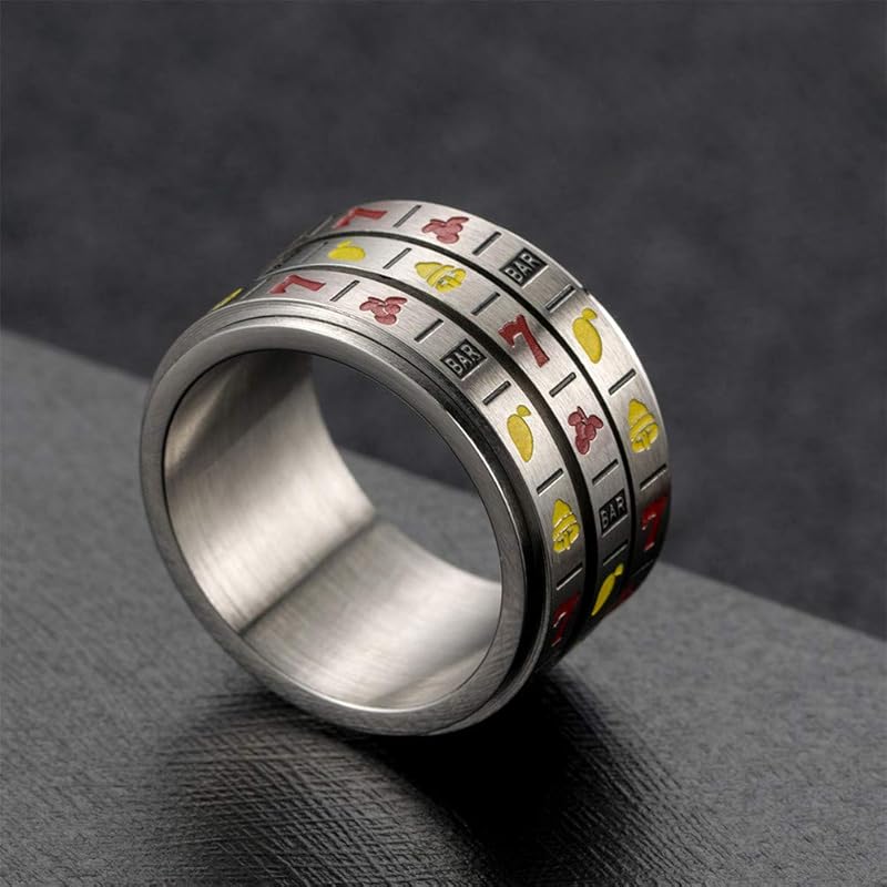 Oakky Unisex Stainless Steel Fruit Slot Machine Pattern Fun Rotatable Lucky Ring Creative 3 Layers Are Gambling Size 24