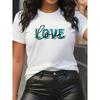 Wo Y2K Love Letter Print T-Shirt | Round Neck Short Sleeve Top with Bold Turquoise and Black Cursive Lettering, White Casual Everyday,