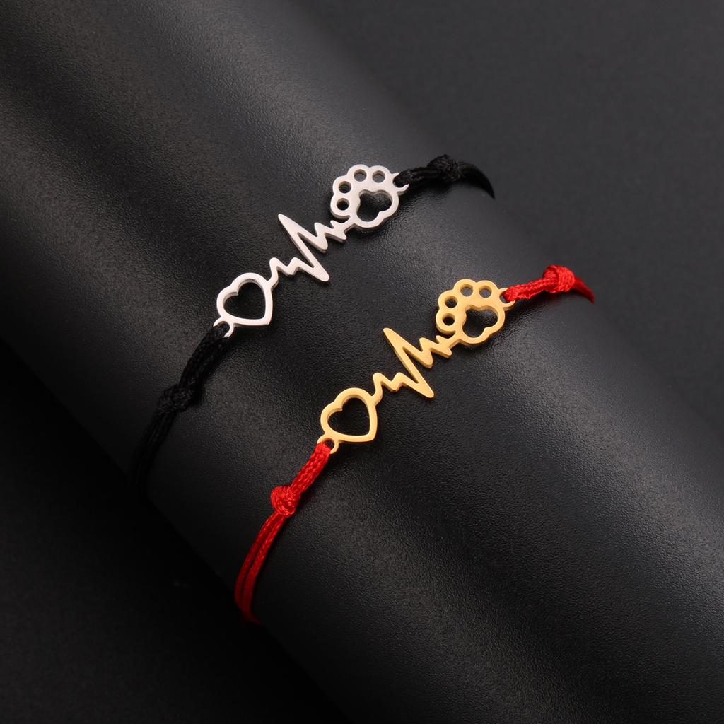 Heartbeat ECG Cat Paw Pendant Bracelet For Women Wax Cord Jewelry Gift