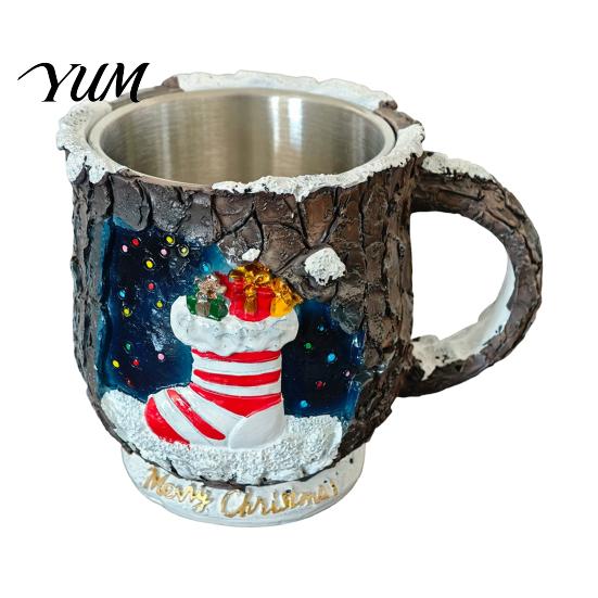 Christmas Mug Decorations Theme with Stainless Steel Liner, 3D Relief Hand Snowman Gift Mugs Painted Resin Coffee Cup, Decorative Drinkware