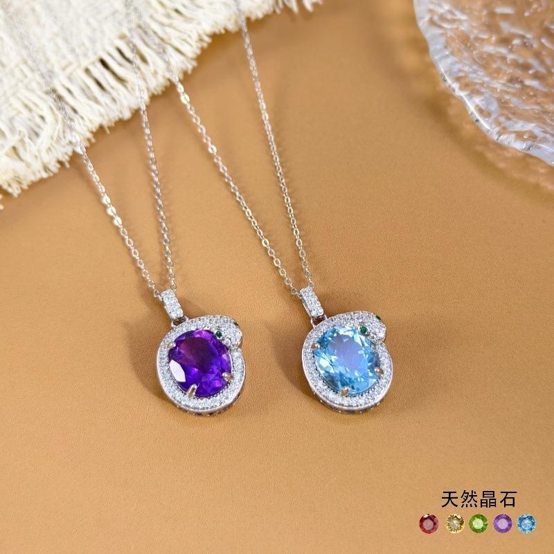 Women's 925 Sterling Silver Oval Necklace, Pave Setting Natural Topaz Crystal Pendant, Elegant Luxury Jewelry