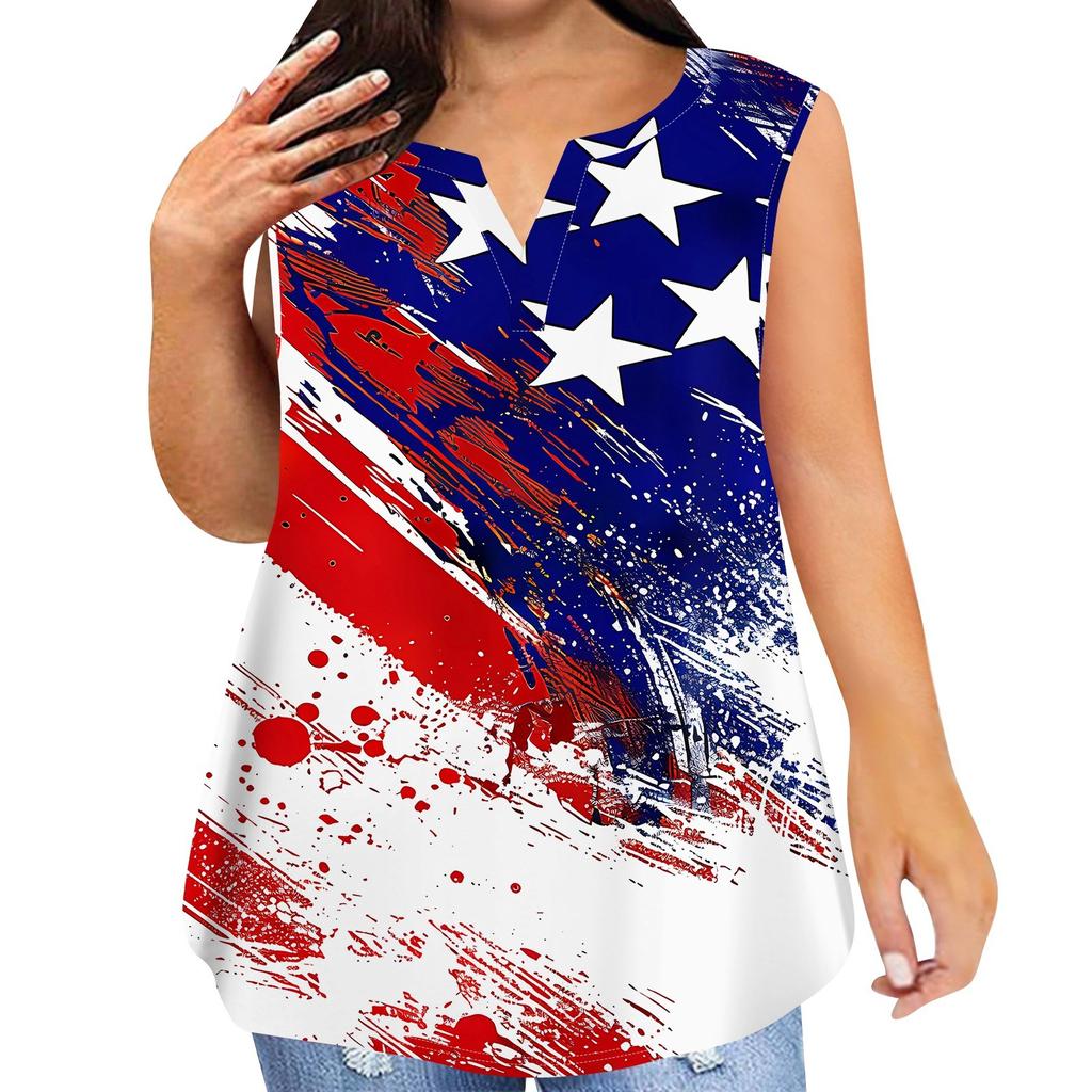 Women's Fashion Casual Large Size V-Neck Sleeveless Vest Printed T-Shirt Top