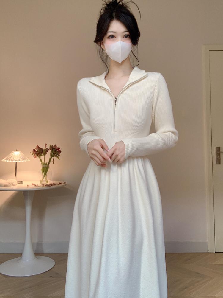 Black Sweet Slim Long Sleeved Dress Knitted Female Autumn New Elegant Patchwork Pleated Dresses V-neck Fashion Sense Clothing Streetwear Winter