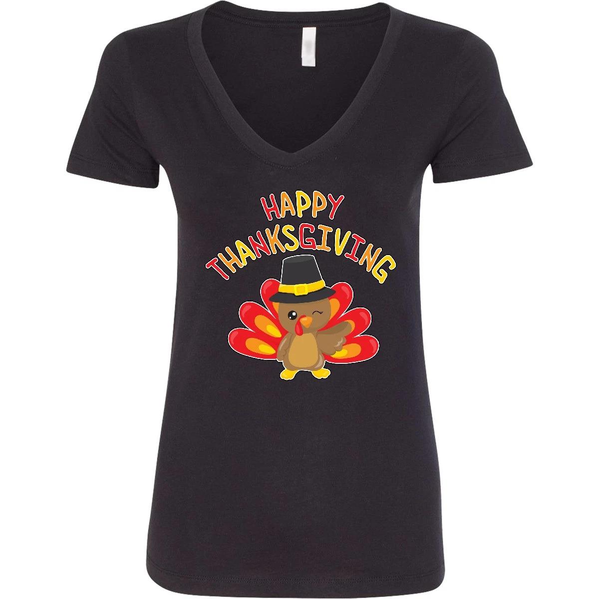 Inktastic Happy Thanksgiving- Cute Turkey In Pilgrim Hat  V-Neck T-Shirt 110