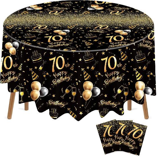Oudain 3 Pack 50th/70th/80th Round Birthday Tablecloth Black and Gold Happy Birthday Party Decorations 84 inch Disposable Plastic Table Cover