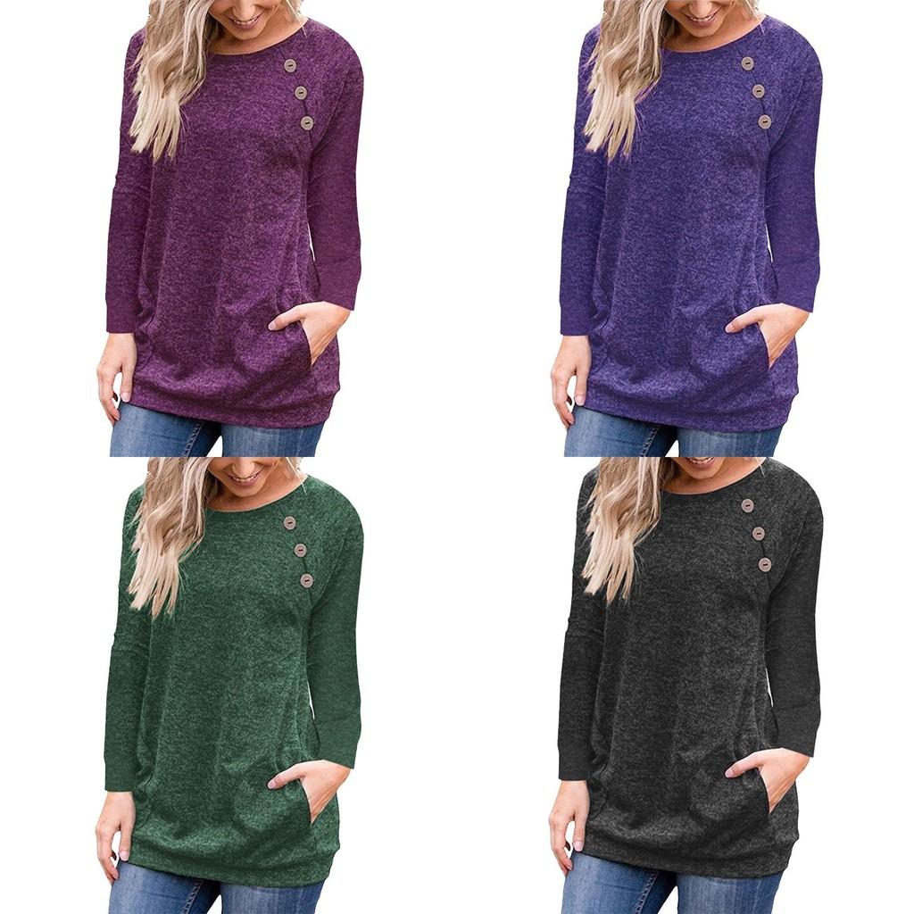 Stylish Women's Pullover Long Sleeve Solid Button Sweatshirt Top For Casual Wear