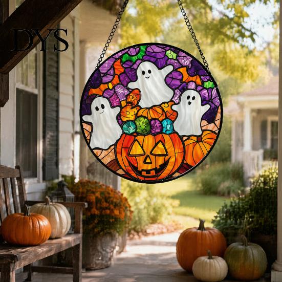 Creative Halloween Souvenirs Stained Glass Suncatcher Ornament, Vintage Hanging Window Decor with Pumpkin Ghost Bat Witch Moonlit Wall Hangings