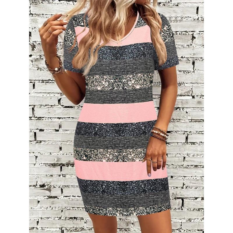 JKASHDK Women's Fashion Summer Spring Colour Block Print Short Sleeve V-Neck Middle Waistline Casual Dresses