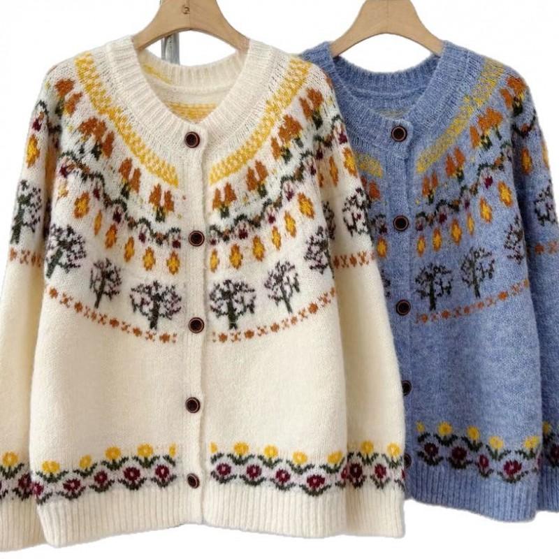Womens Oversized Crew Neck Knit Cardigan With Color Block Jacquard Acrylic Blend Loose Fit Sweater Fall Winter