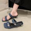 Small Lock Buckle Flip Slippers Women Summer New Versatile Square Toe Open Toe Metal Buckle Middle Heel Cool Mopping