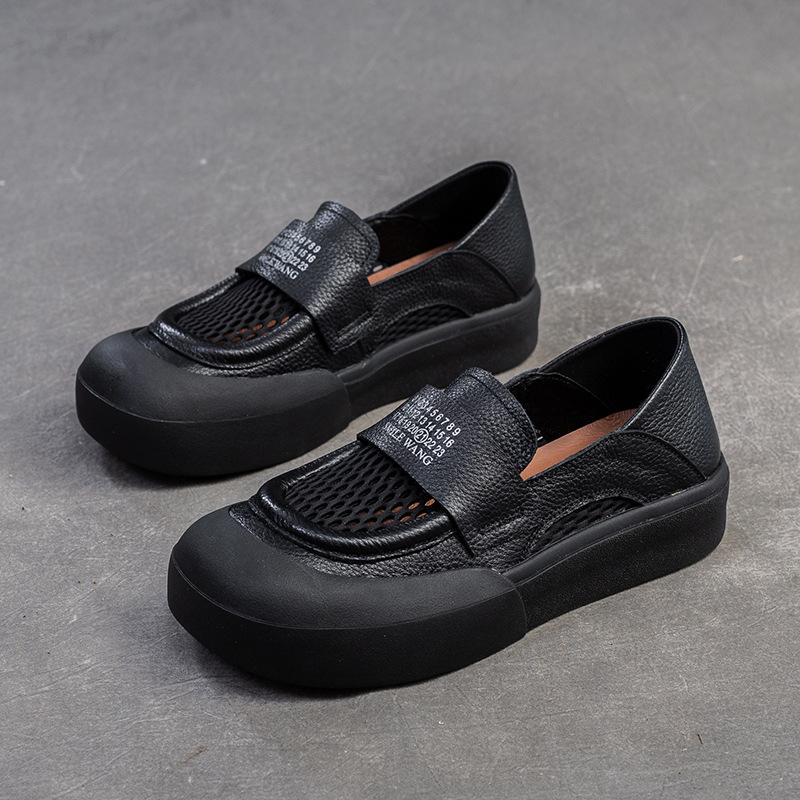 Johnature Versatile Breathable Mesh Flat Shoes Retro Genuine Leather Comfortable Sandals Women's Slip-on Shoes