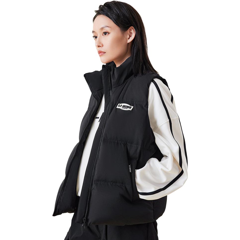 Li Ning Sports Lifestyle Series Solid Color Stand Collar Casual Warm Vest Women Vests Black AMRT060-2