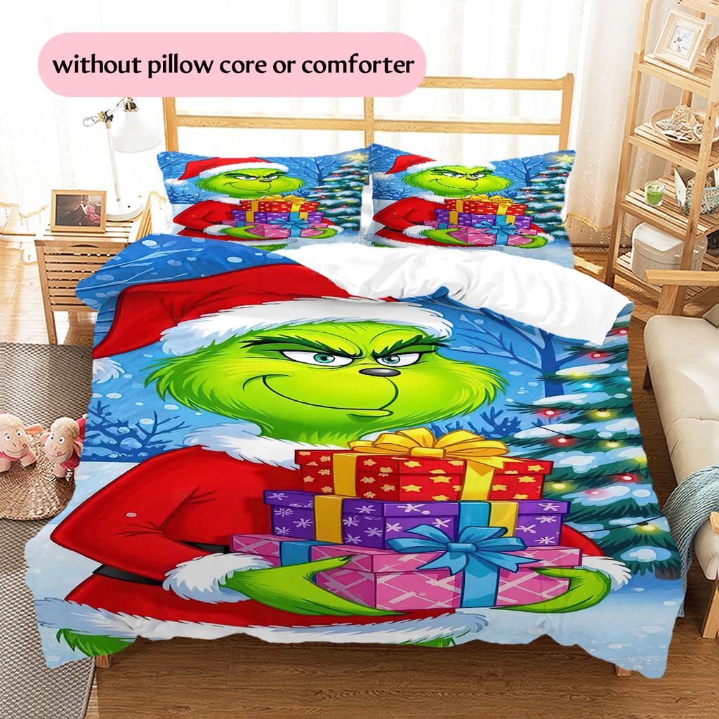 1 Stück Grinch-Muster Bettwäsche Steppdecke Set Bettbezug Kissenbezug Heimdekoration Geburtstagsgeschenk (1 Bettbezug + 2 Kissenbezüge, ohne Füllung)