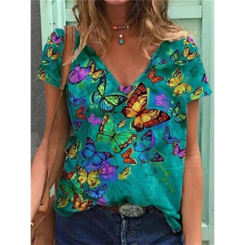 Ladies' Casual Summer Pullover V-neck T-shirt with Floral 3D Printing Short Sleeved Loose Women's Top T-Shirts Women’s