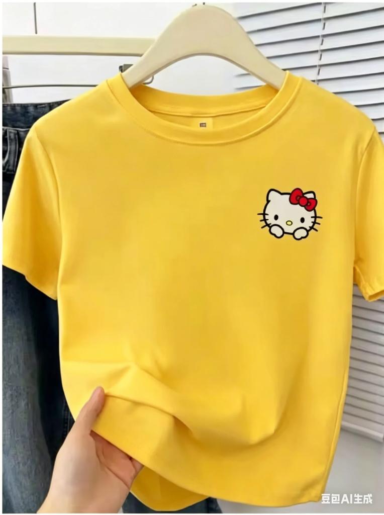 Hello Kitty Small Logo T Shirt for Adults and Kids Cute Sanrio Head Print Casual Short Sleeve Top for Family Matching Outfits