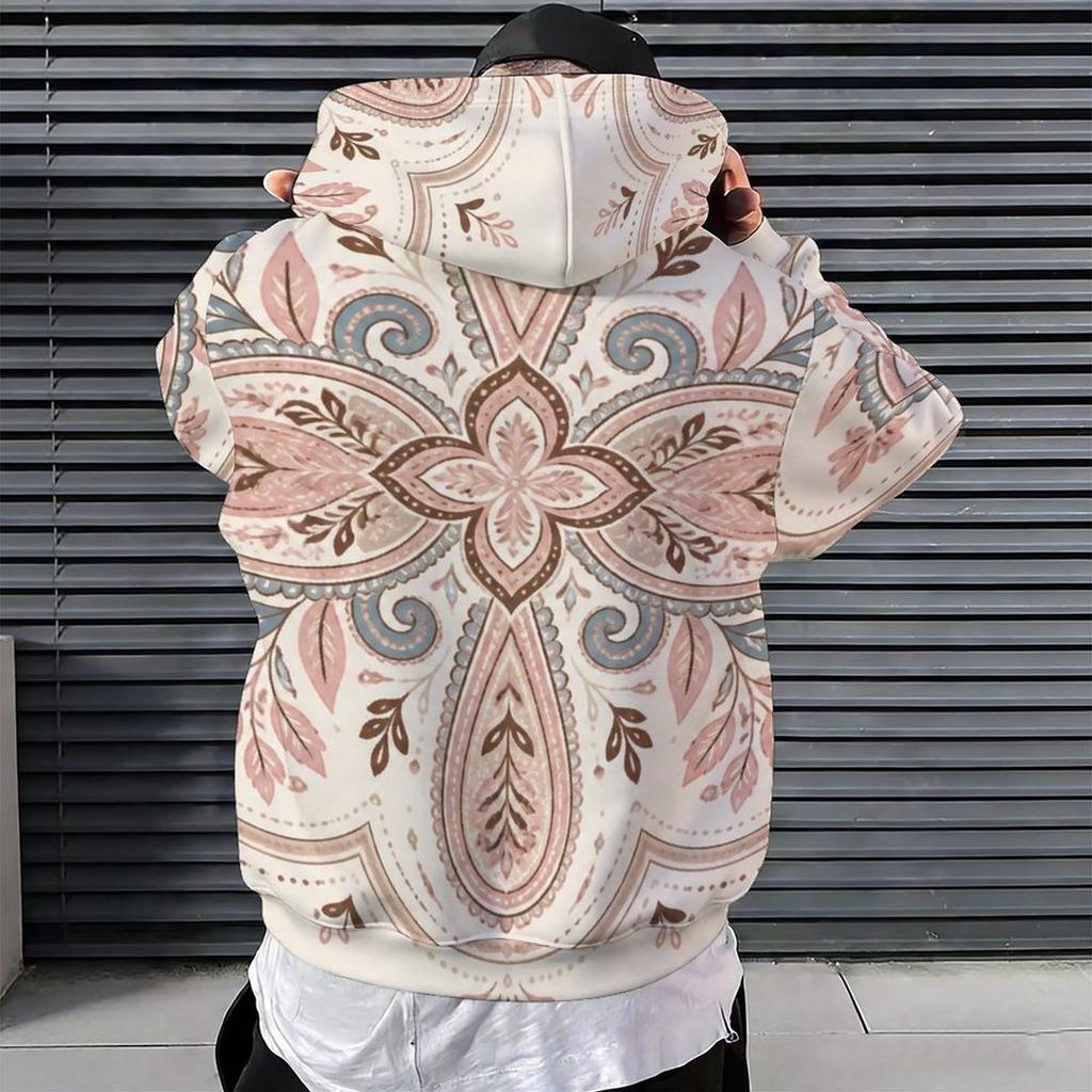 Men Plus Size Long Sleeve Drawstring Hoodie Blue White Printed Pullover With Kangaroo Pocket