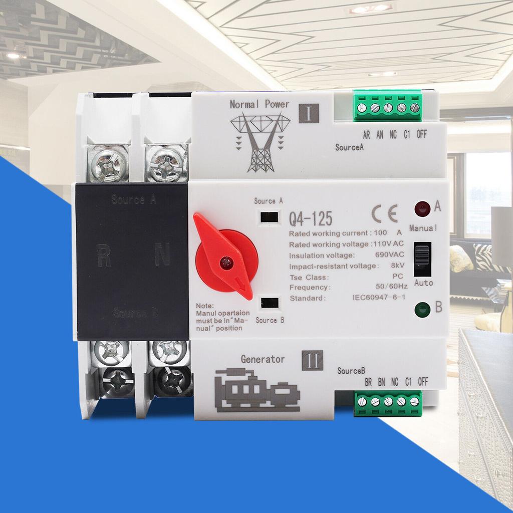 2P 100A Dual Power Automatic Transfer Switch for Generator ATS Changeover Switch AC 110V 60Hz PC Level