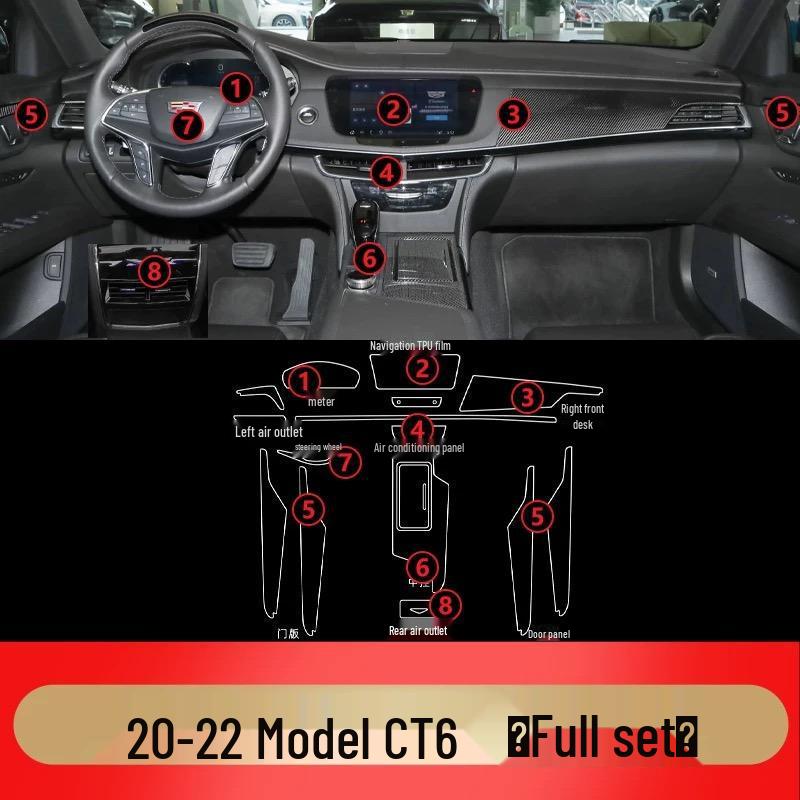 New Cadillac CT6 Interior TPU Protective Film: Center Console, Gear Shift, and Navigation.
